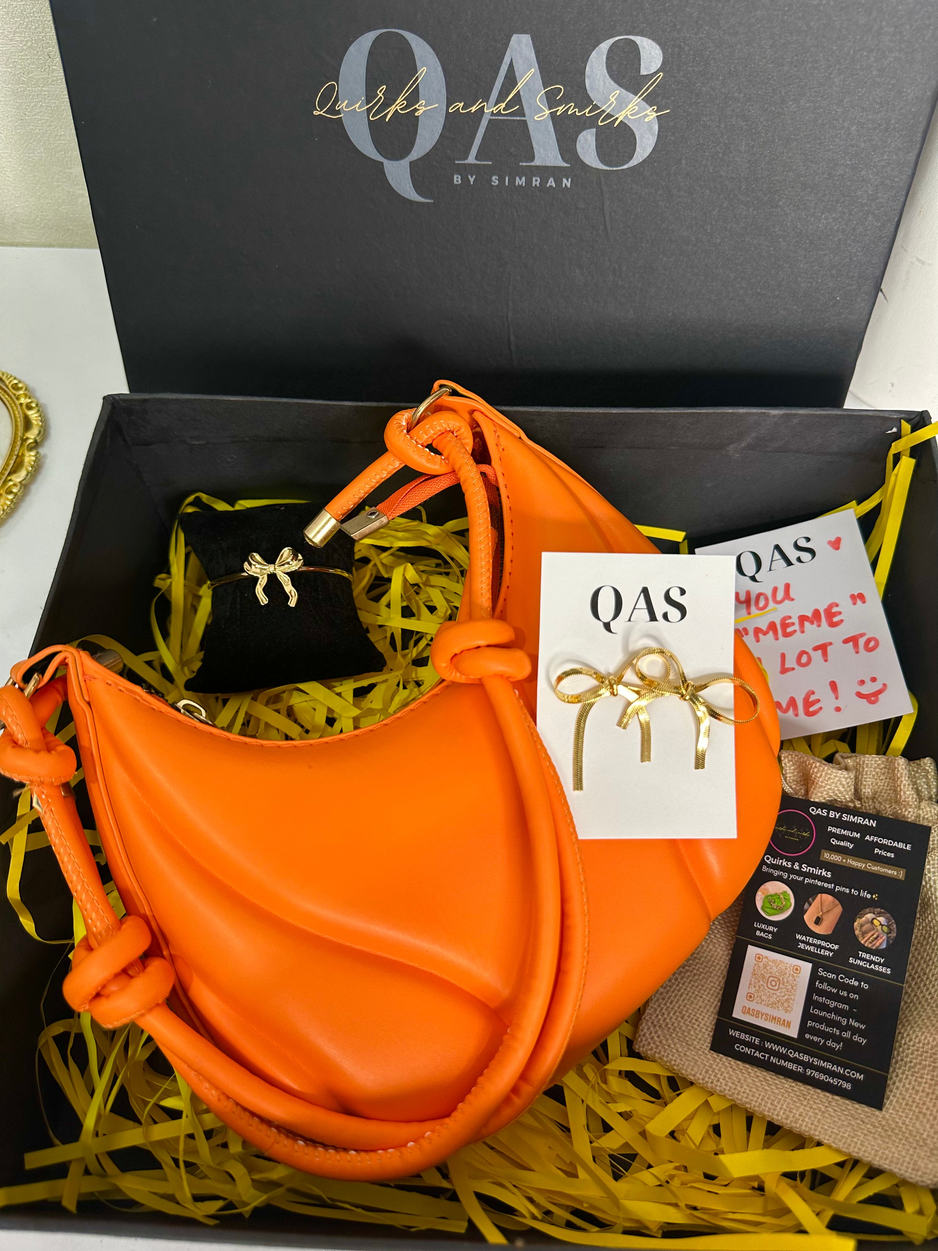 Orange Leo Bag + Mini Bow Earrings + Bow Adjustable Bracelet